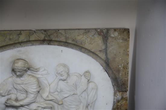 A 19th century Italian carved white marble relief plaque of The Holy Family, 19 x 15in.